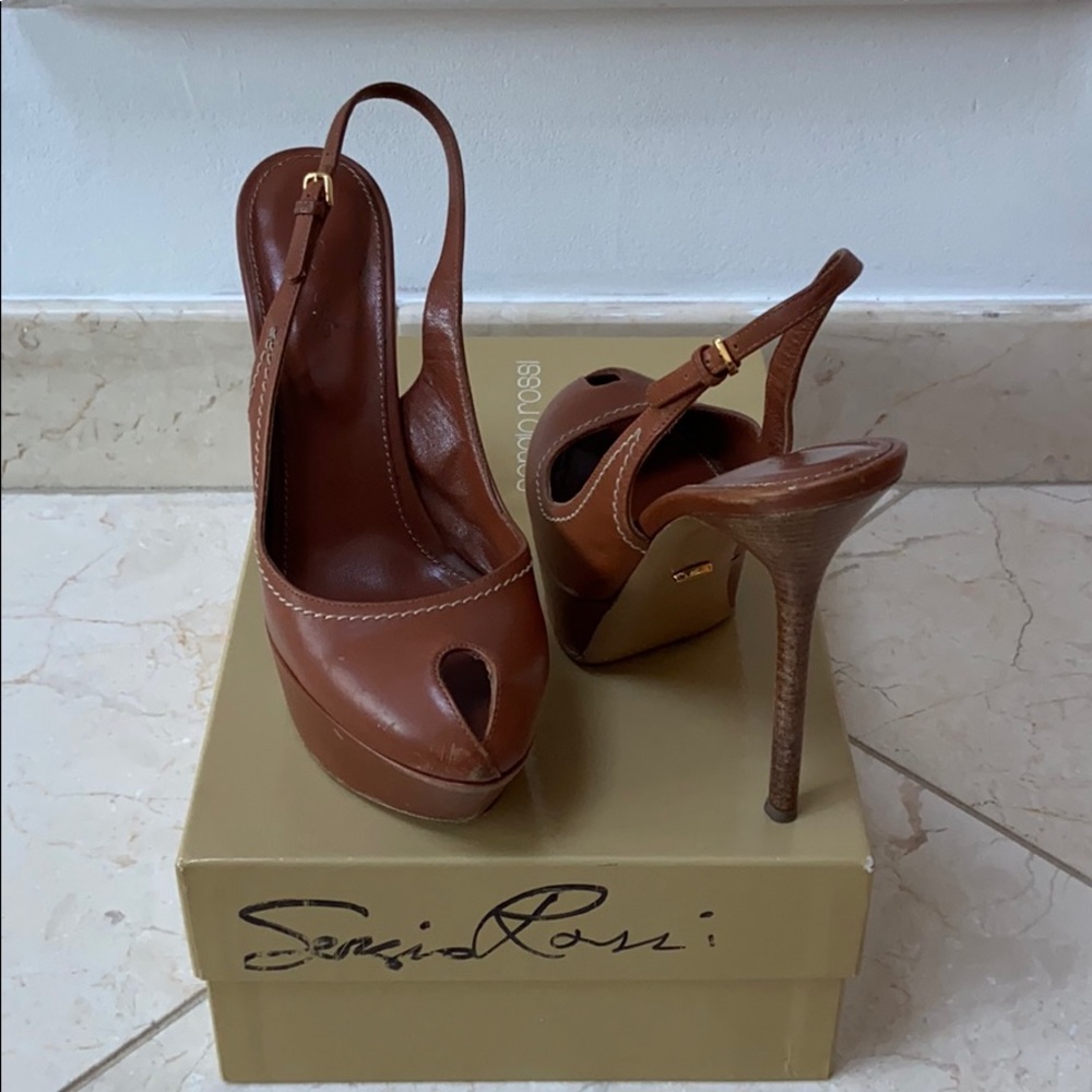 Sergio Rossi Brown Leather Platform Peep Toe Heels